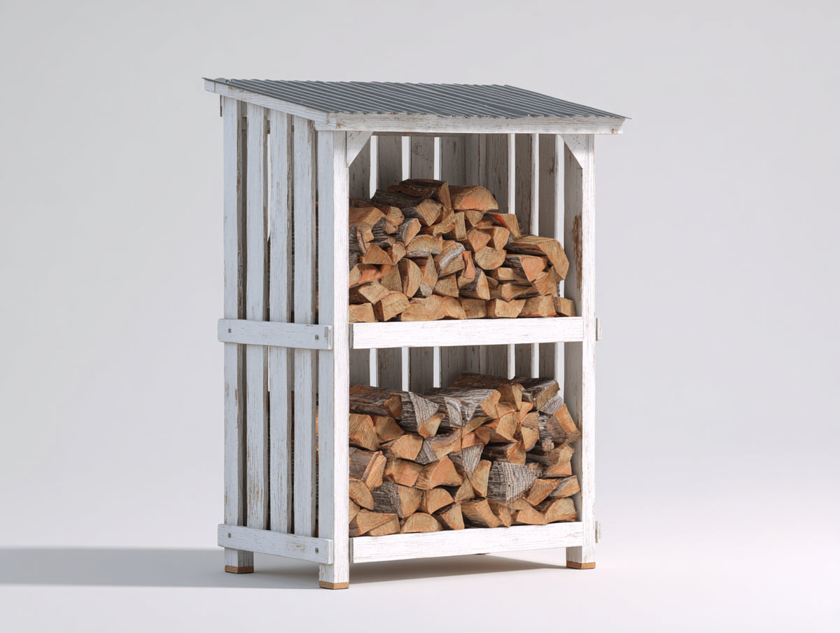 Kaminholzregal aus Holz und Metall 100 x 45 x 160 cm - Weiß und Grau - Zweistöckiges Design mit Schutzdach für Außenbereich