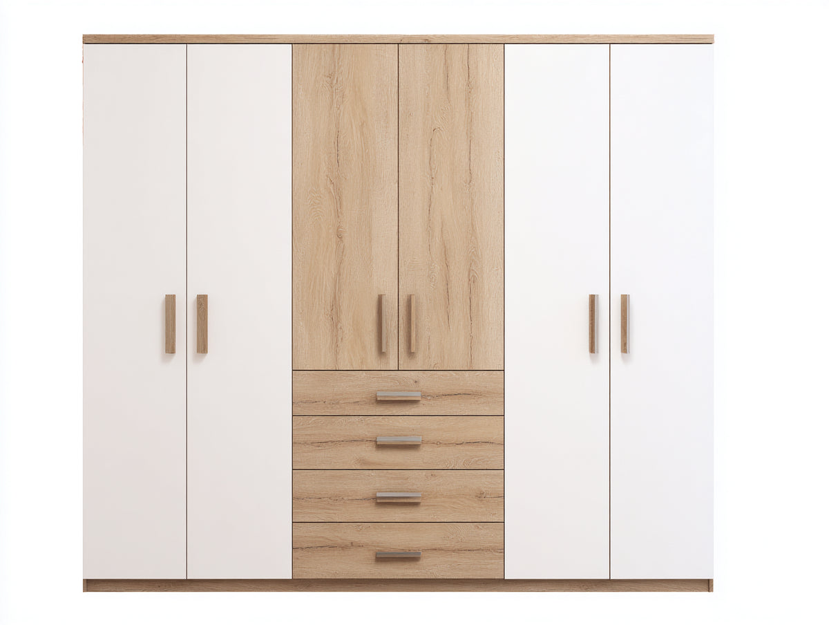 Kleiderschrank Holzwerkstoff 240x58x210 cm weiß-natur - mit 6 Türen und 4 Schubladen für Schlafzimmer