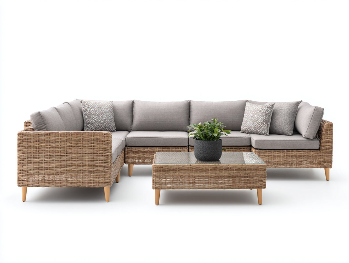 Gartensofa aus Polyrattan 280x210x75 cm - Naturbraun-Hellgrau - Großes Eckdesign mit Glastisch für Garten und Terrasse