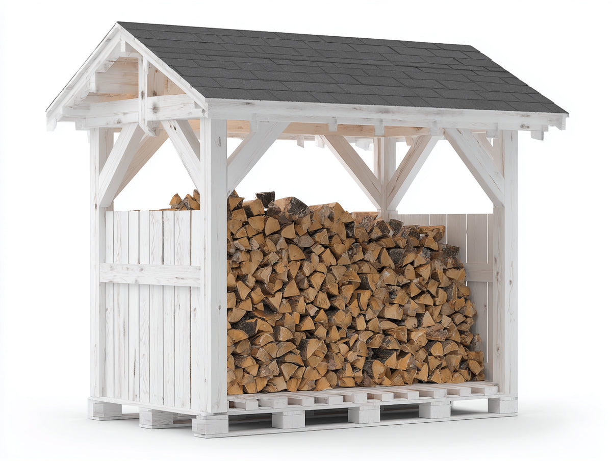 Kaminholzregal 220x90x220 cm - Massivholz in Weiß mit schwarzem Dach - überdachtes Brennholzlager - Landhausstil