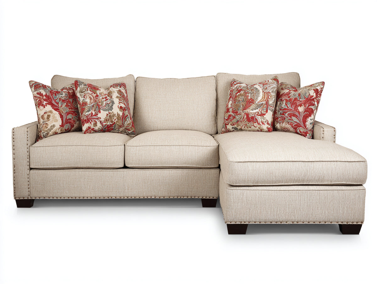Sofá de esquina tapizado 285 x 170 x 88 cm - beige y marrón oscuro - diseño clásico con módulo de descanso y tachuelas para salón