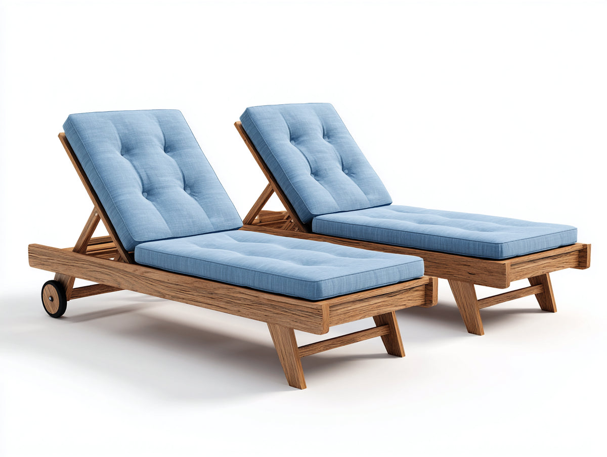 Sonnenliege im 2er-Set mit verstellbarer Rückenlehne - Holzrahmen und Stoffpolsterung - 200 x 70 x 90 cm - Blau und Natur - Gartenliegen mit Transportrollen