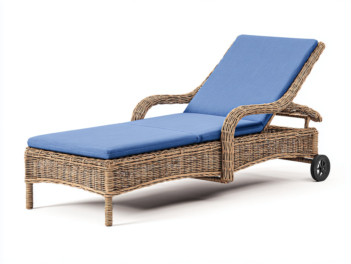 Sonnenliege Rattan Geflecht 205x78x86 cm - Naturbraun-Blau - Klassisches Gartendesign