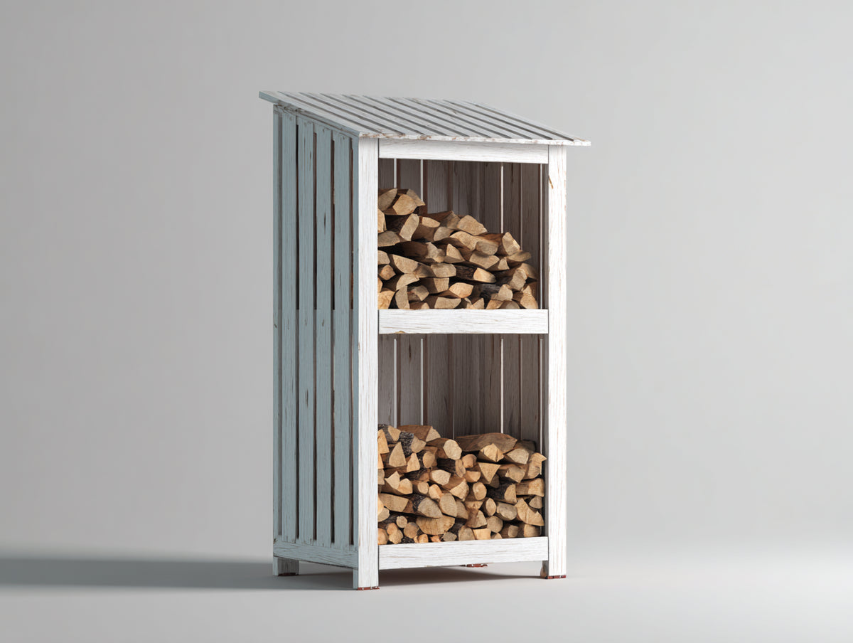 Kaminholzregal aus Holz 80 x 40 x 160 cm - Weiß und Braun - Für Garten und Terrasse mit Schrägdach