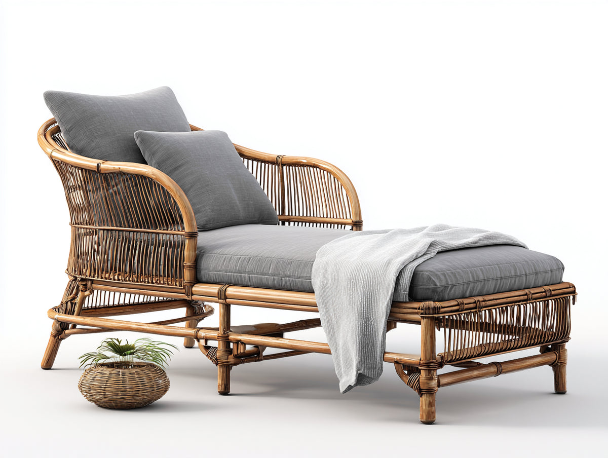 Sonnenliege Rattan 170x75x82 cm - Naturbraun und Grau - mit Armlehnen