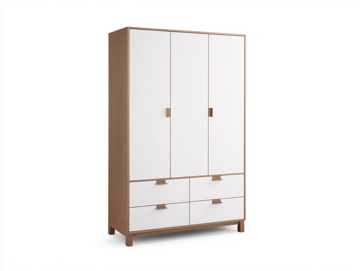Kleiderschrank Holzwerkstoff 150x55x190 cm weiß-natur - mit 3 Türen und 4 Schubladen für Schlafzimmer