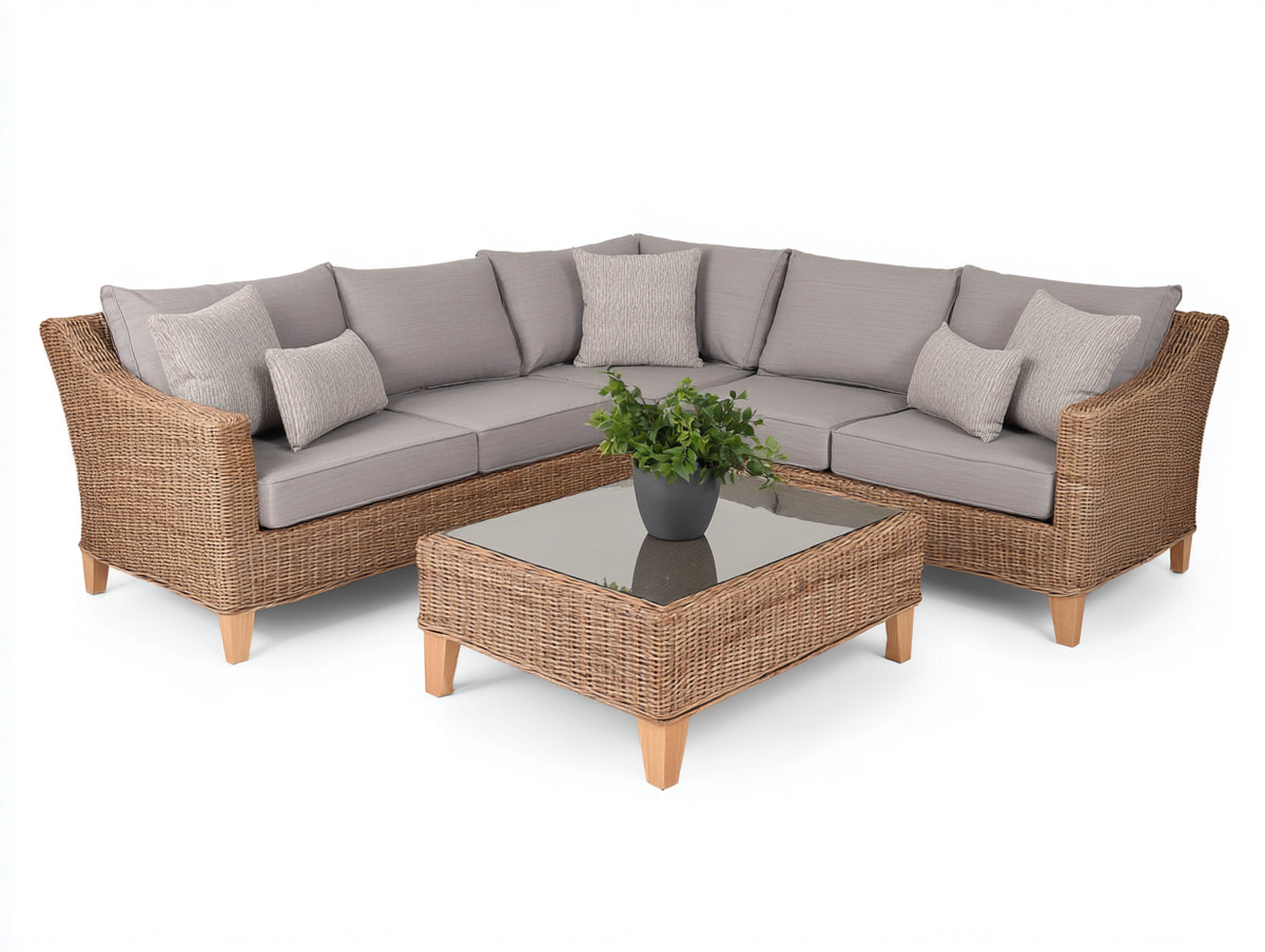 Gartensofa Polyrattan 260 x 260 x 85 cm - Natur und Grau - Ecksofa mit Gartentisch