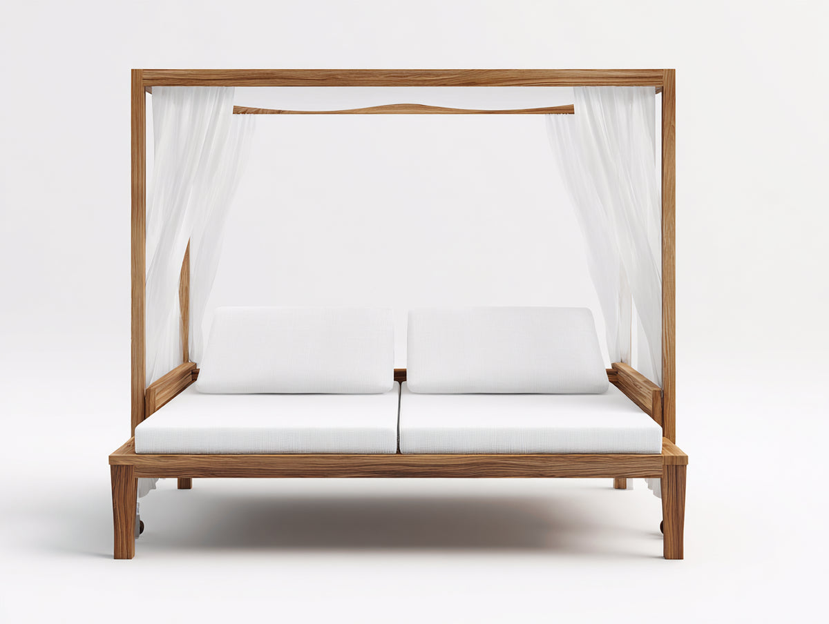 Sonnenliege Holz 200x160x195 cm - Naturholz und Weiß - mit Baldachin