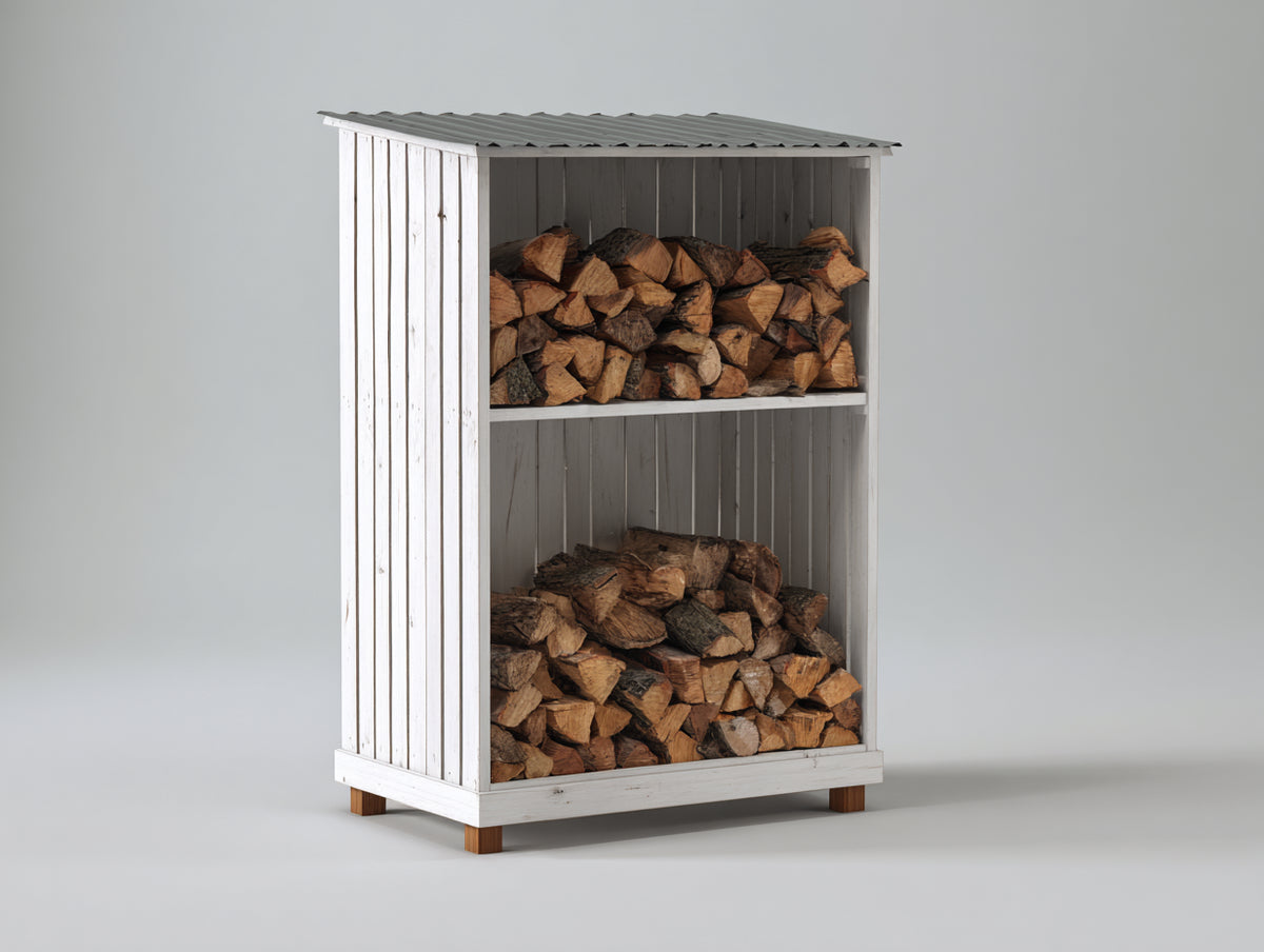 Kaminholzregal aus Holz 110 x 55 x 190 cm - Weiß-Grau - zweistufige Lagerung mit geneigtem Wellblechdach