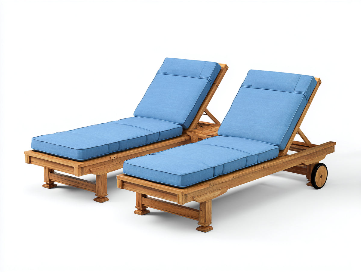 Sonnenliege 2er-Set aus Massivholz 200 x 70 x 90 cm - Natur und Himmelblau - Verstellbare Rückenlehnen mit Rollen